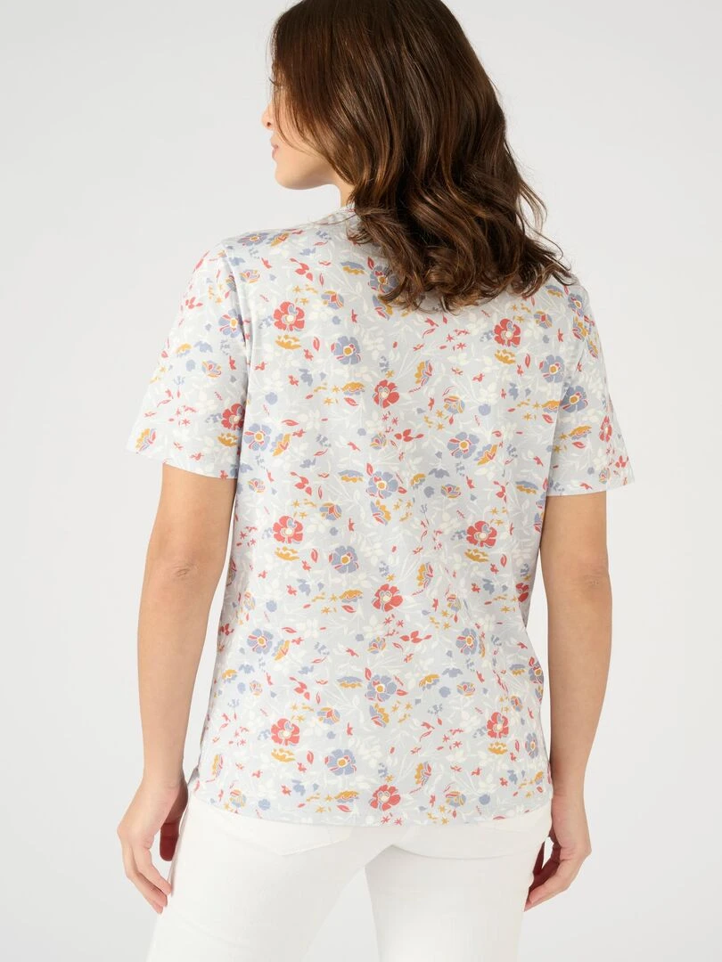 Tee shirt col rond fantaisie en pur coton.   Damart   Bleu
