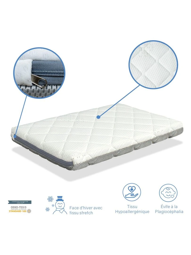 Matelas Bébé Berceau épaisseur 7 CM MINI BABY AIR  Déhoussable lavable   Blanc Gris