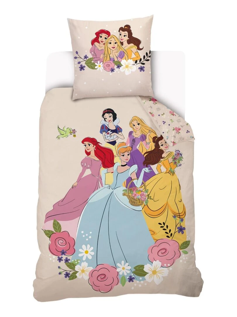 Housse de couette Disney Princesses florales 140x200 cm 100% Coton Beige Beige