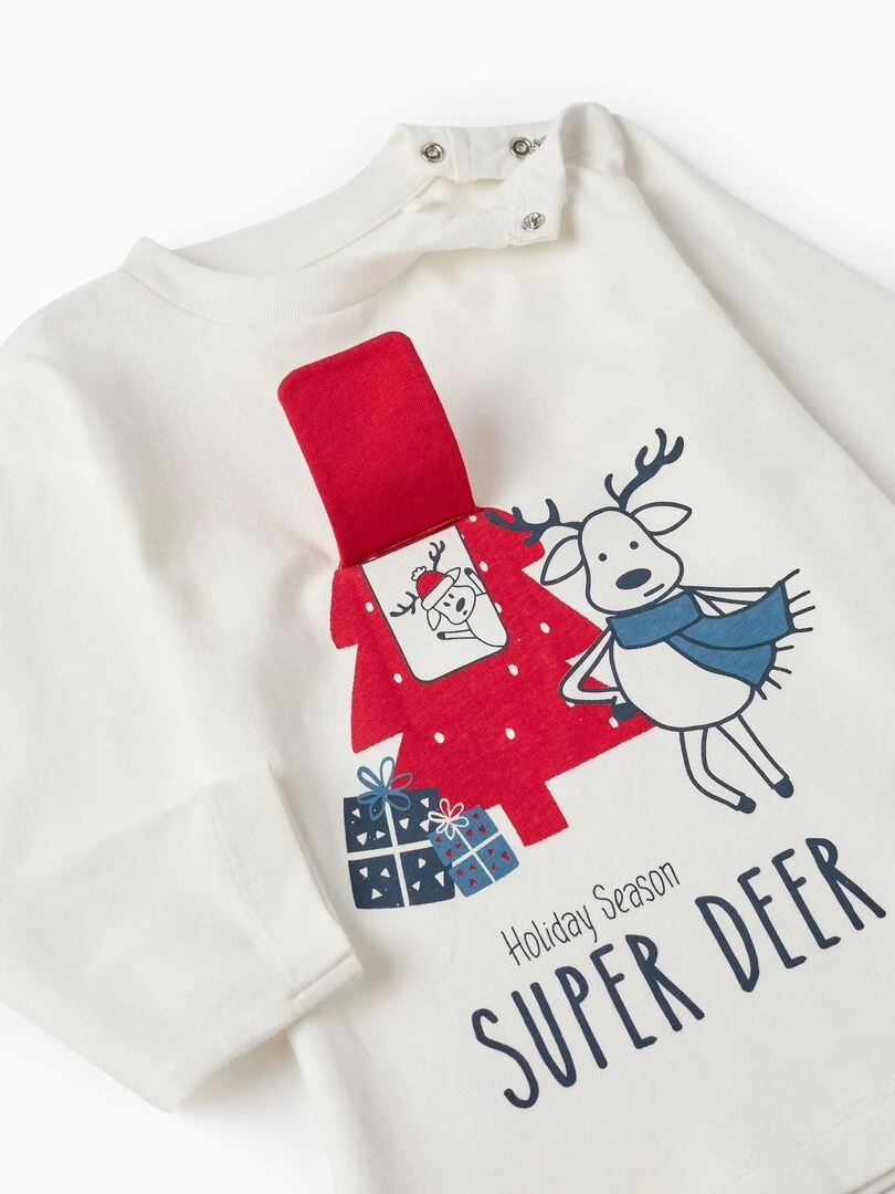 T shirt à manches longues en coton pour bébé garçon 'Super Deer' manches longues  NOËL   Beige clair