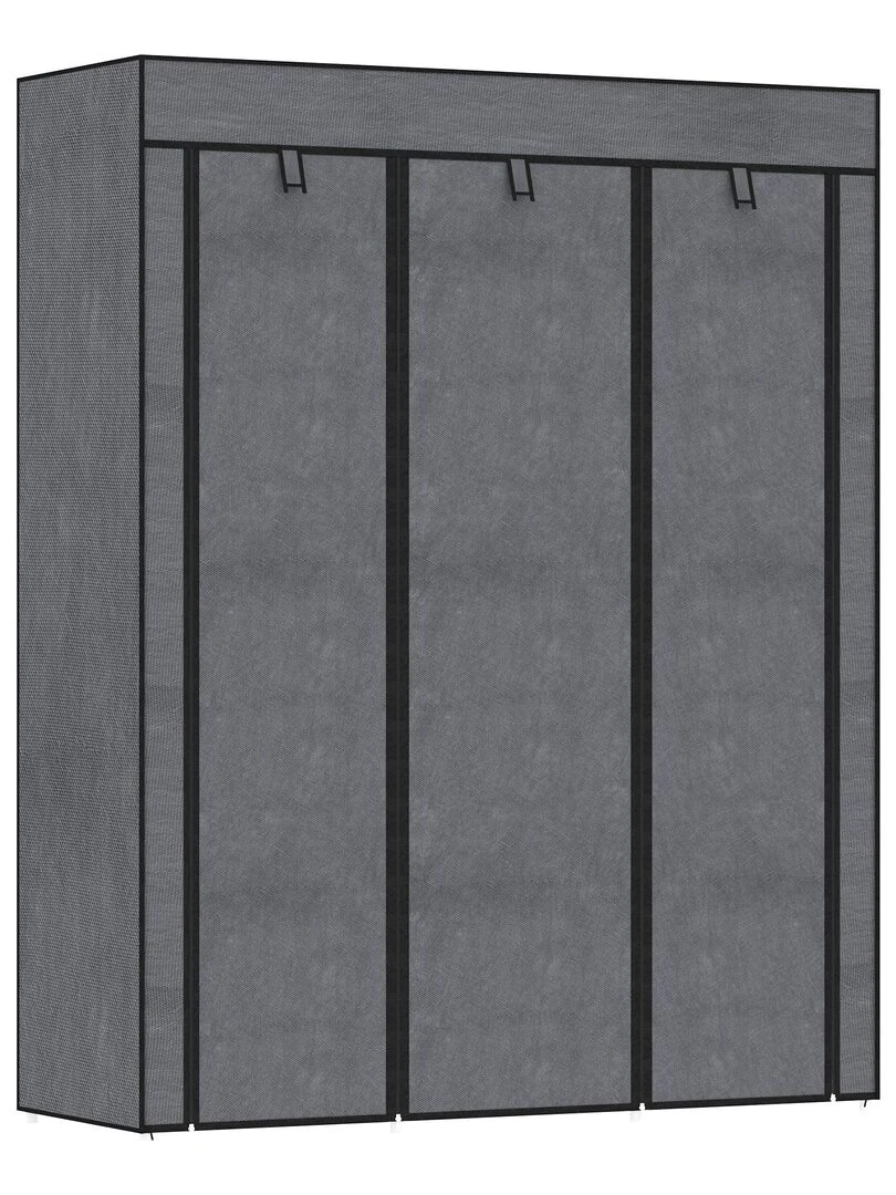 Armoire penderie multi rangement 8 étagères 2 barres non tissé Gris