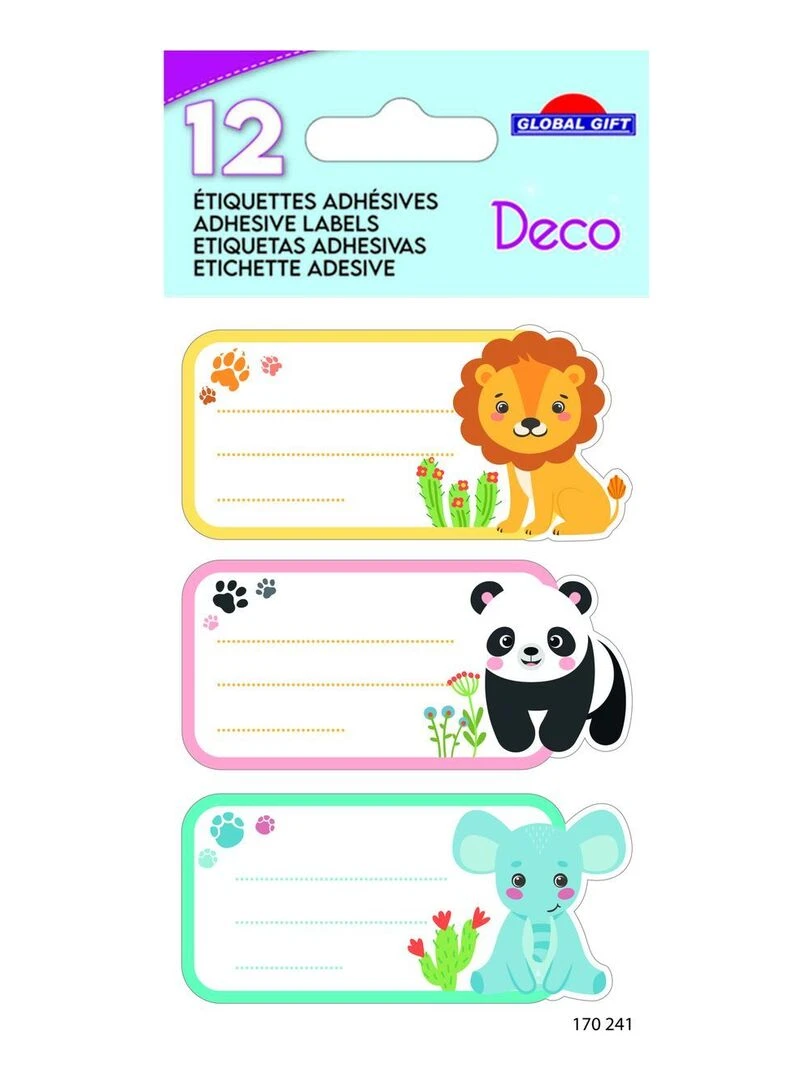 12 étiquettes adhésives scolaires Rectangle Petits animaux Dorures N/A