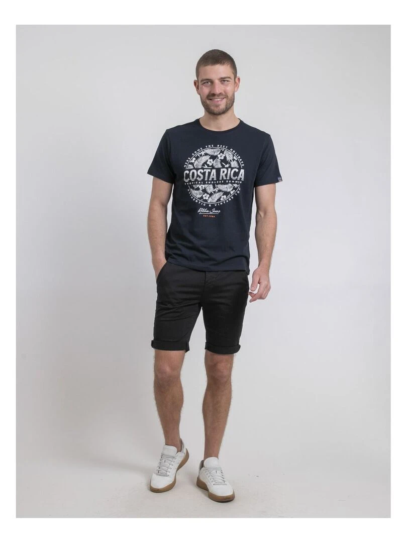 T shirt col rond pur coton NEVOLTA   Bleu marine