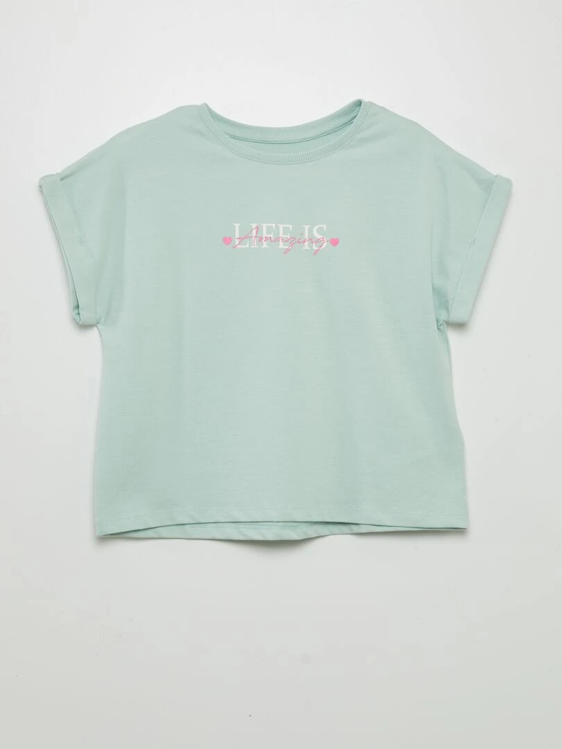 T shirt imprimé à manches revers Bleu