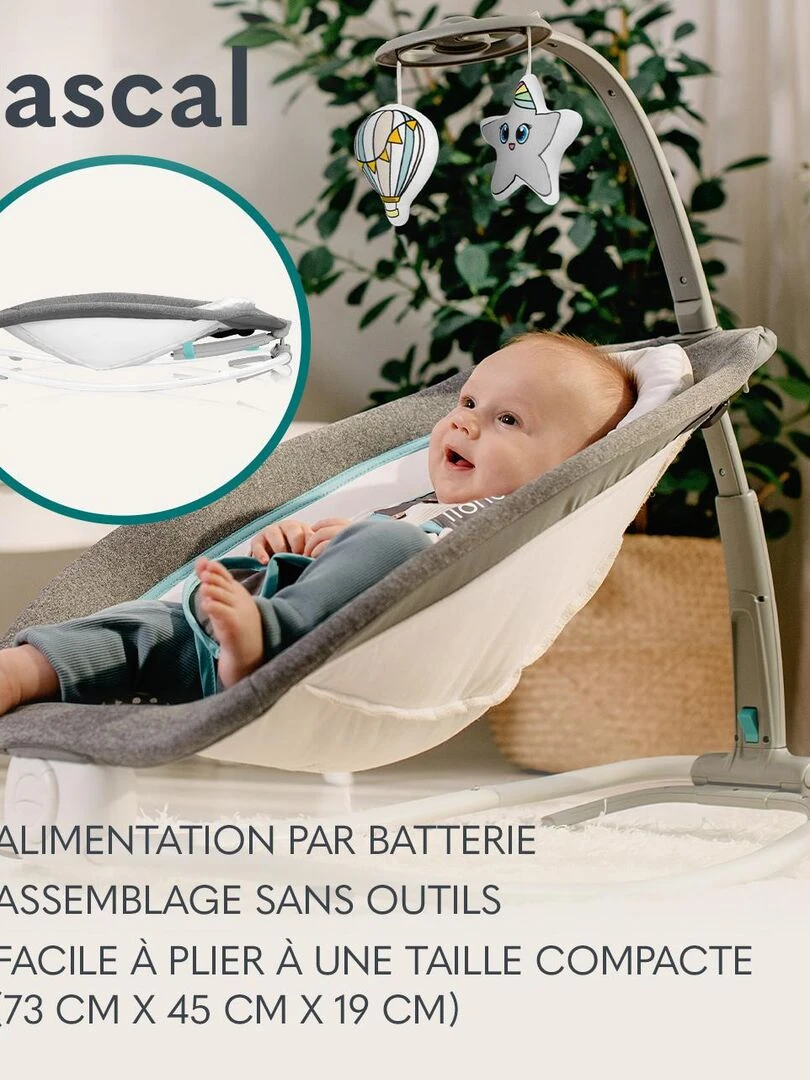 LIONELO Pascal   Balancelle Transat Bébé Électrique   12 mélodies   Jouets suspendus   Gris Blanc