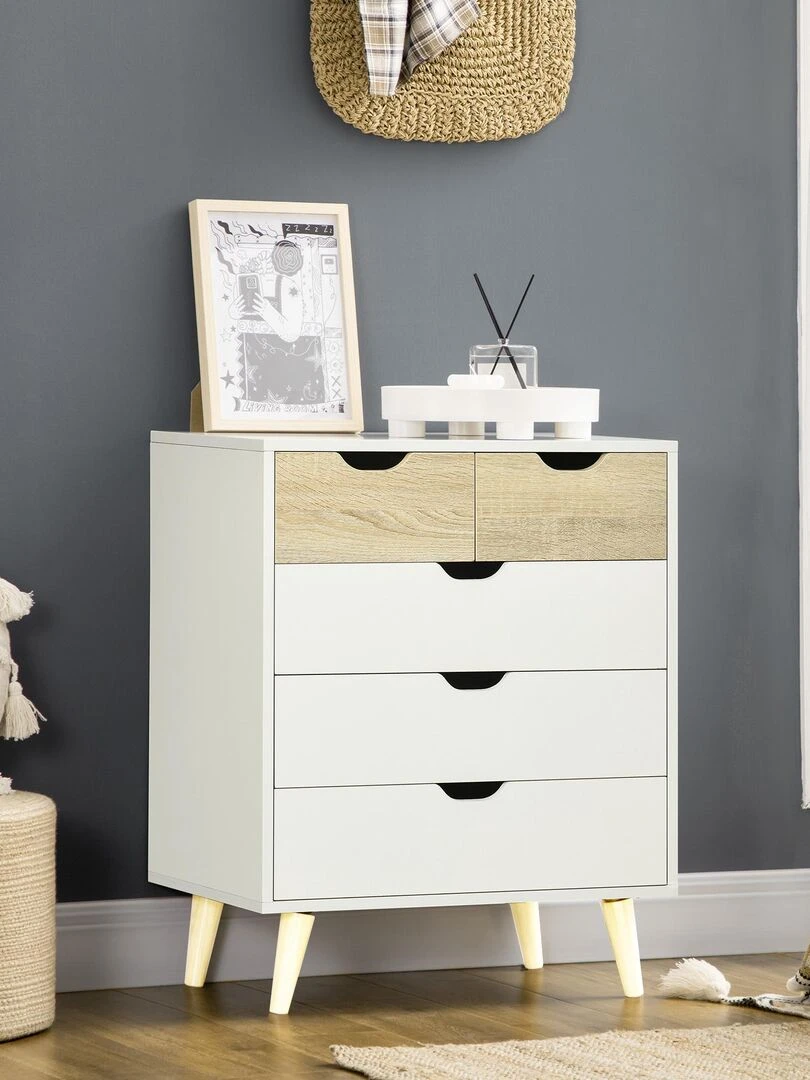 Commode design scandinave 5 tiroirs bois blanc aspect bois clair Blanc