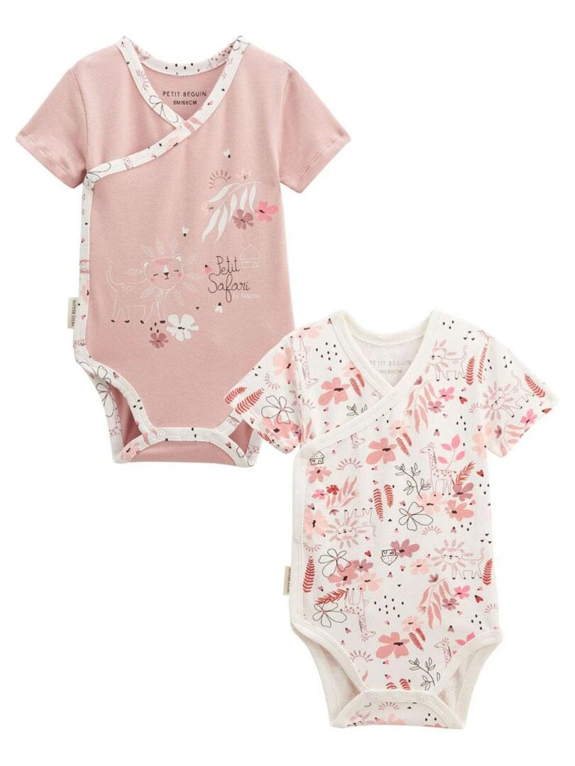 Lot de 2 bodies bébé manches courtes ouverture croisée Petit Safari Rose