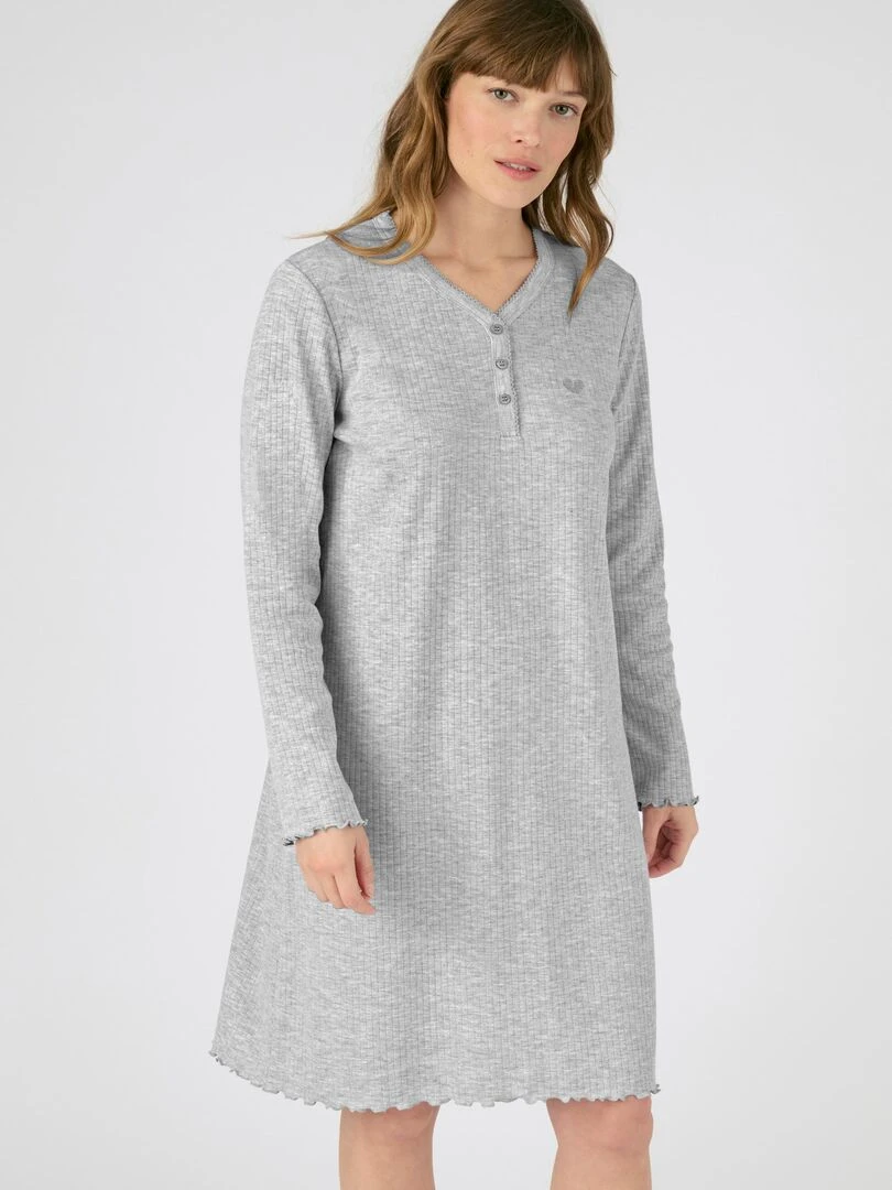 Chemise de nuit maille interlock côtelée douce et souple Damart Gris chiné