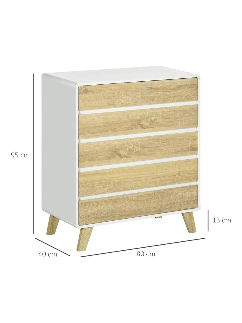 Commode scandinave sur pieds 6 tiroirs blanc aspect chêne clair   Beige