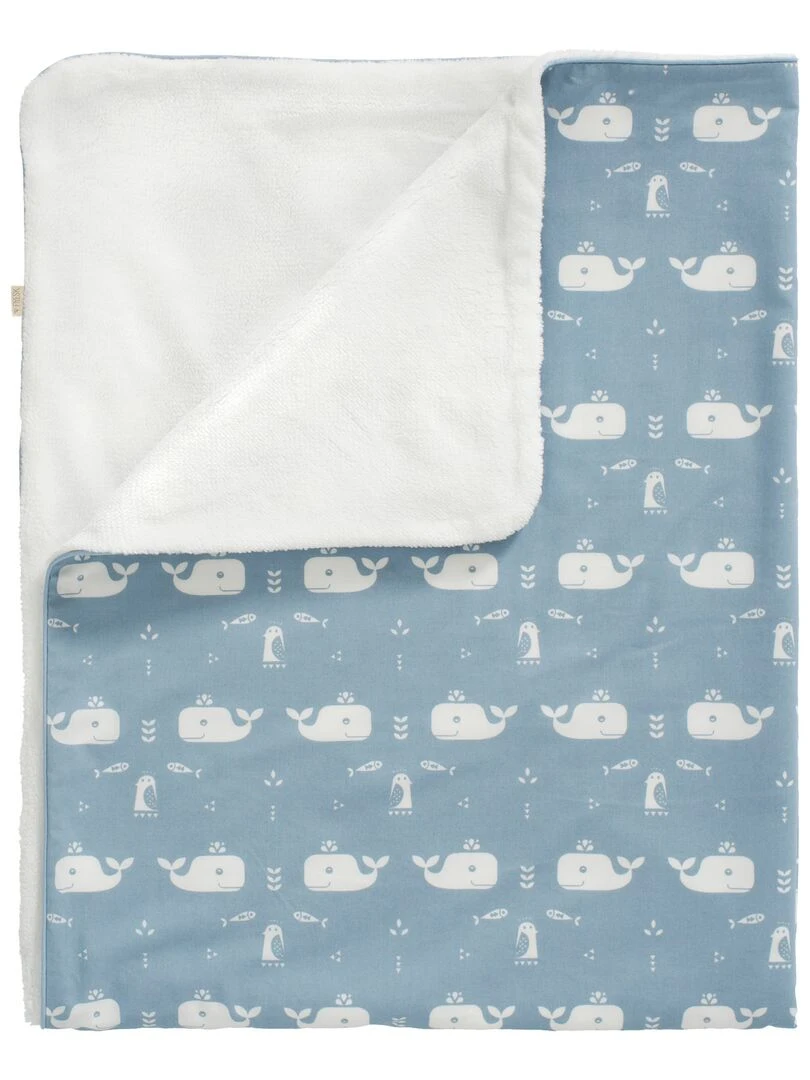 Couverture double face pour poussette baleine en coton bio (80 x 100 cm) Bleu