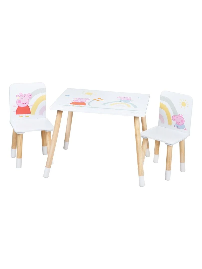 ROBA Ensemble Table + 2 Chaises Enfants 'Peppa Pig' Motif Truie Pieds en Bois Naturel Rose Blanc Rose clair Gris