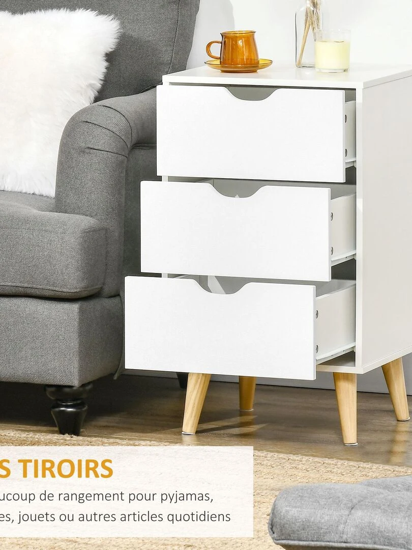 Chiffonnier 3 tiroirs design scandinave piètement bois pin panneaux blanc   Blanc