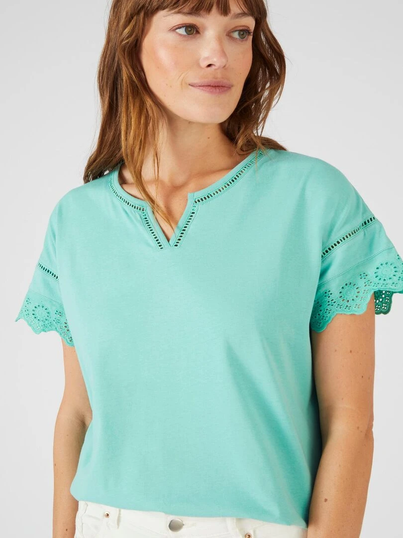 T shirt broderies anglaises pur coton Damart Vert