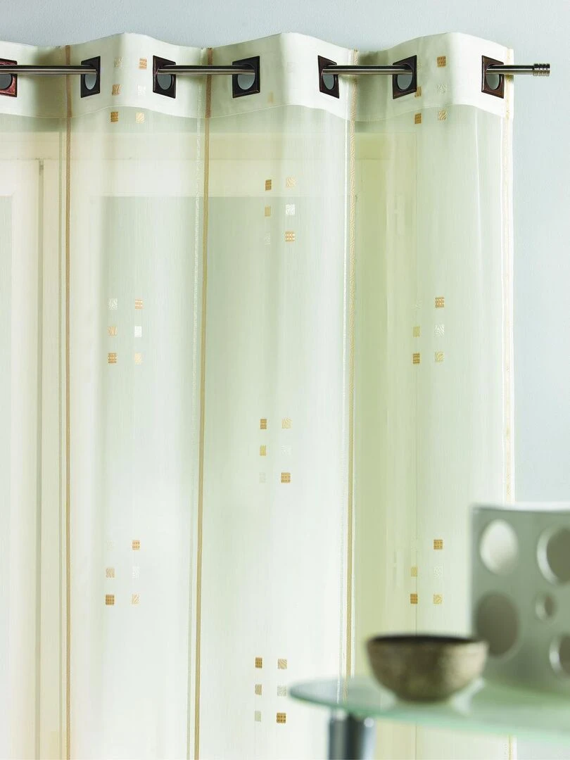 Voilage en Jacquard Fils Coupés 'Carrés' Beige