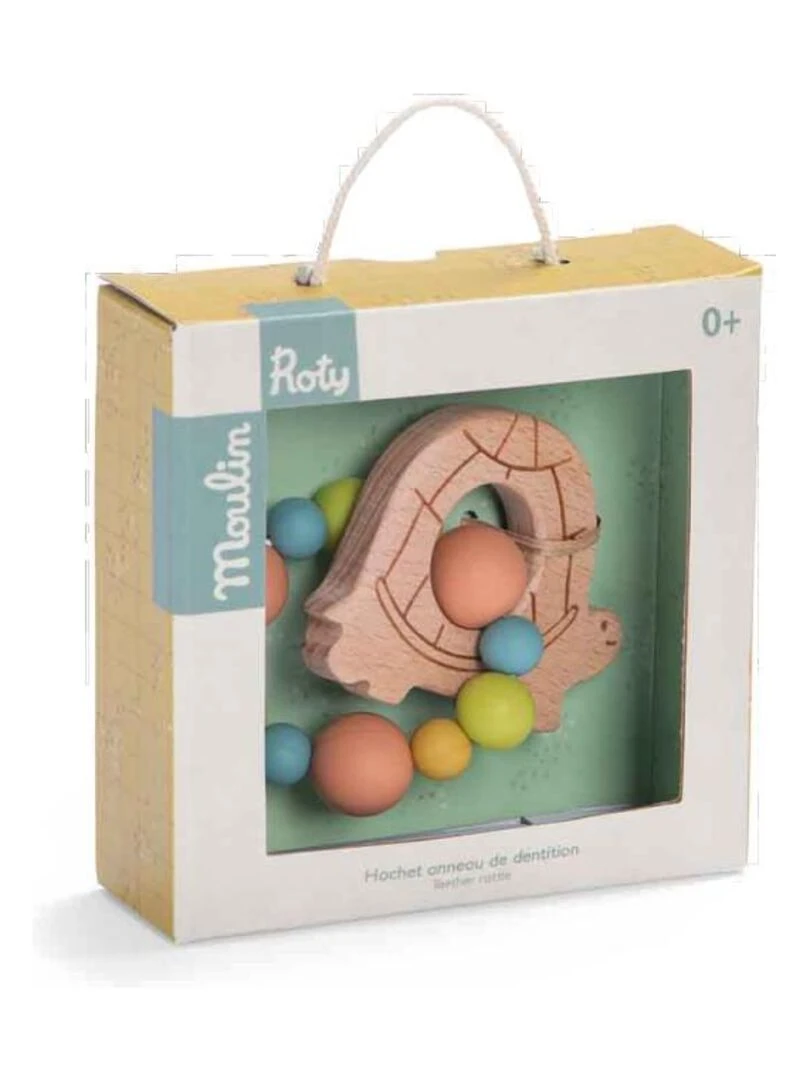 Hochet anneau de dentition bois et silicone tortue Trois petits lapins Multicolore