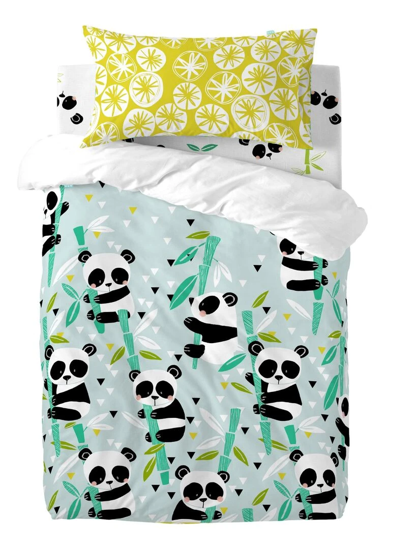 Parure housse de couette 2 pièces Panda garden blue "Happyfriday"   Bleu
