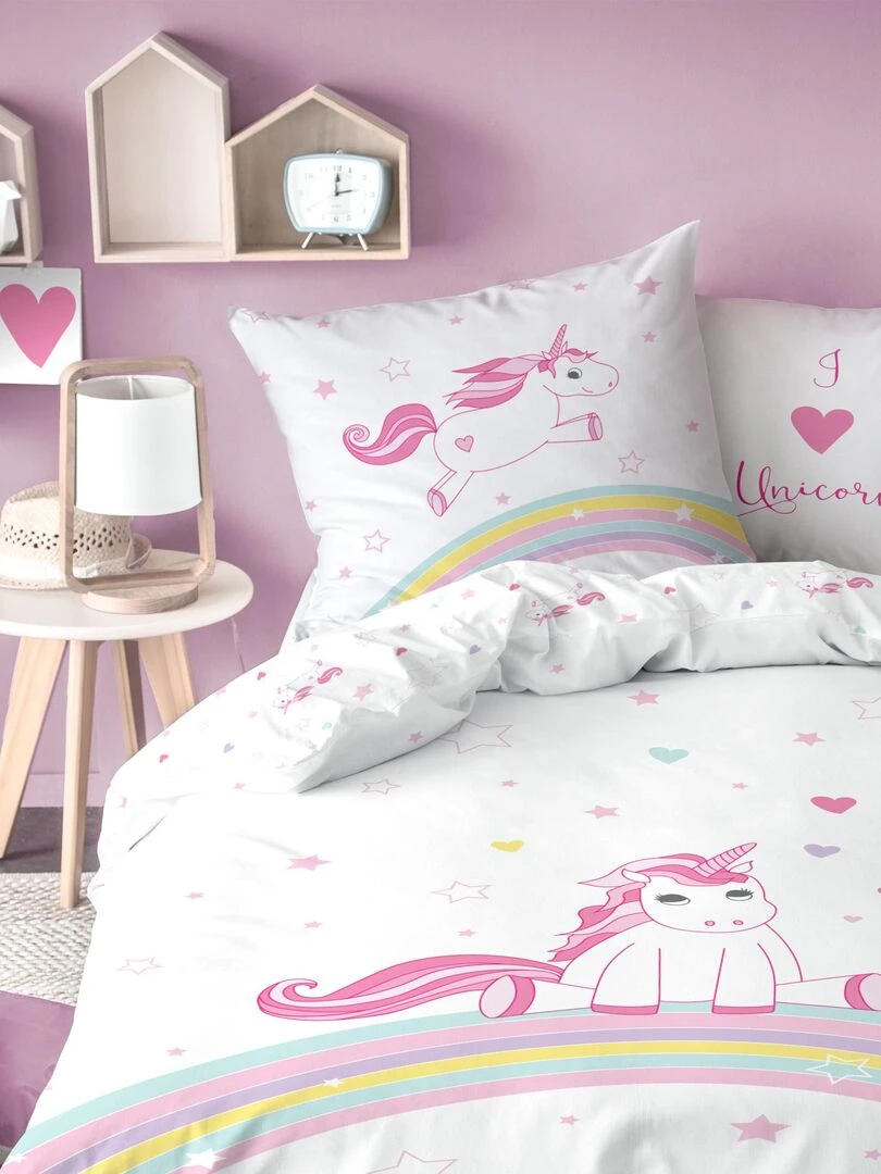 Parure de lit imprimée 100% coton LICORNE Rose