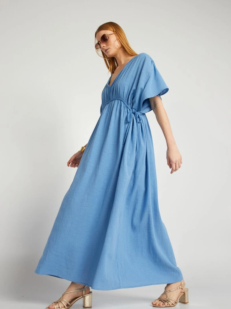 Robe longue en double gaze de coton bleu