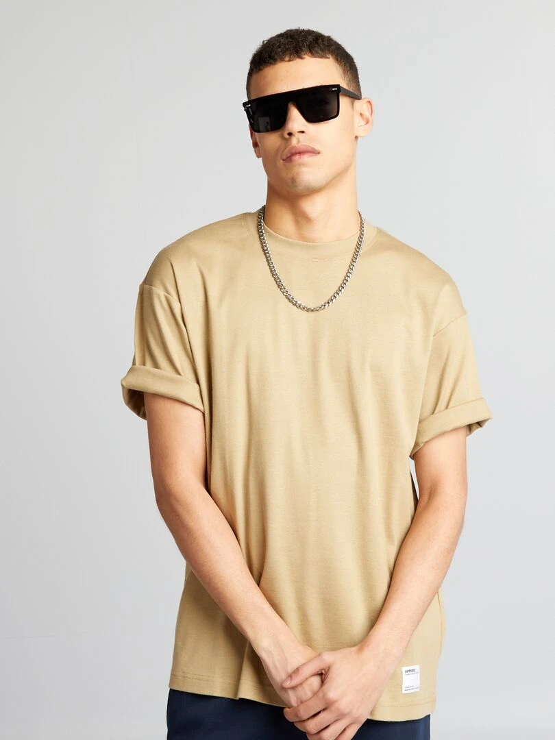 T shirt col rond en coton Beige