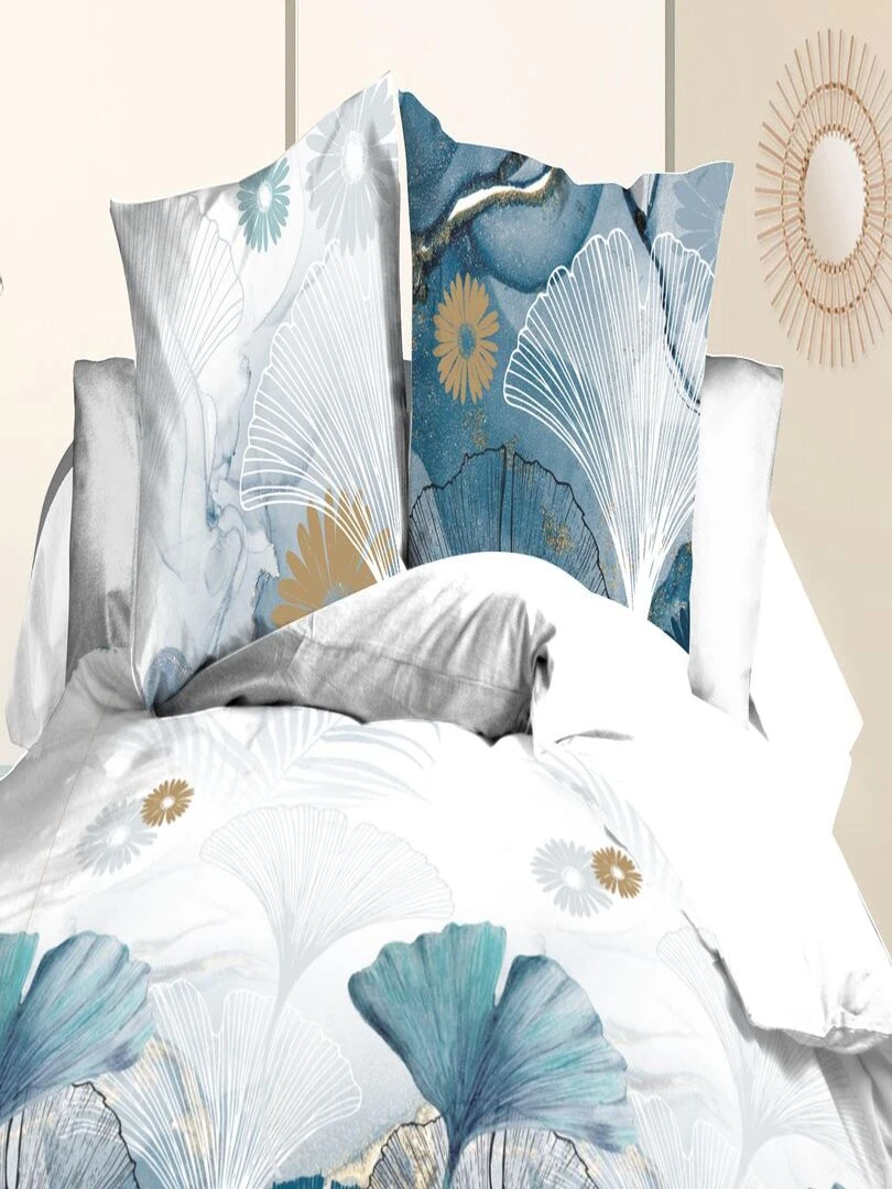 Parure Drap plat + drap housse 140x190 + 2 Taies Microfibre   Entretien Facile   Ginko   Bleu Doré Blanc