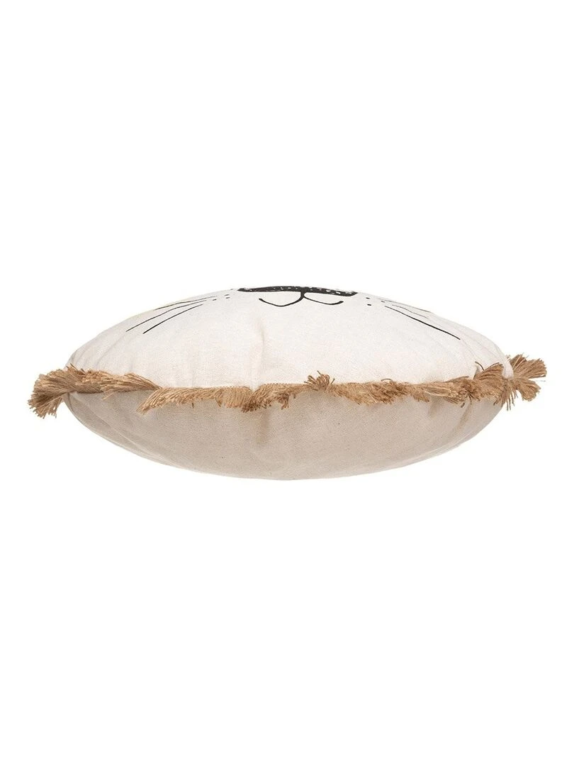 Coussin rond lion franges 38 cm Beige