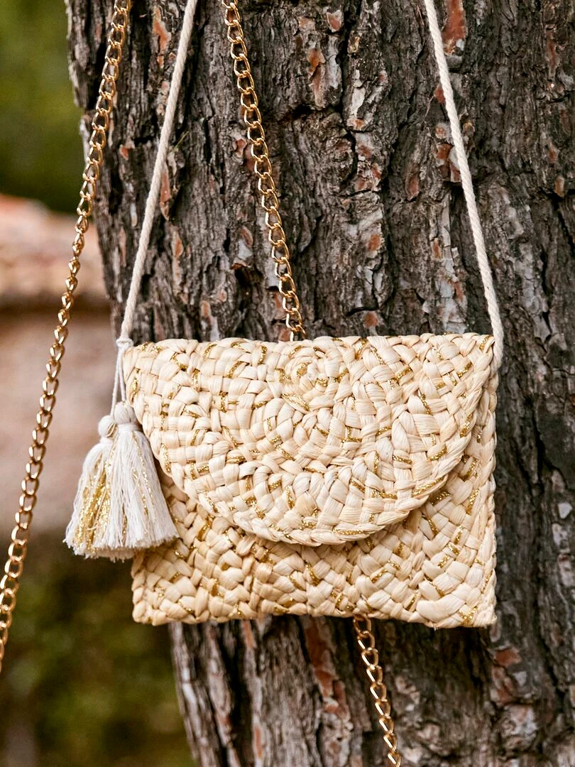Pochette ne paille + fils brillants Beige