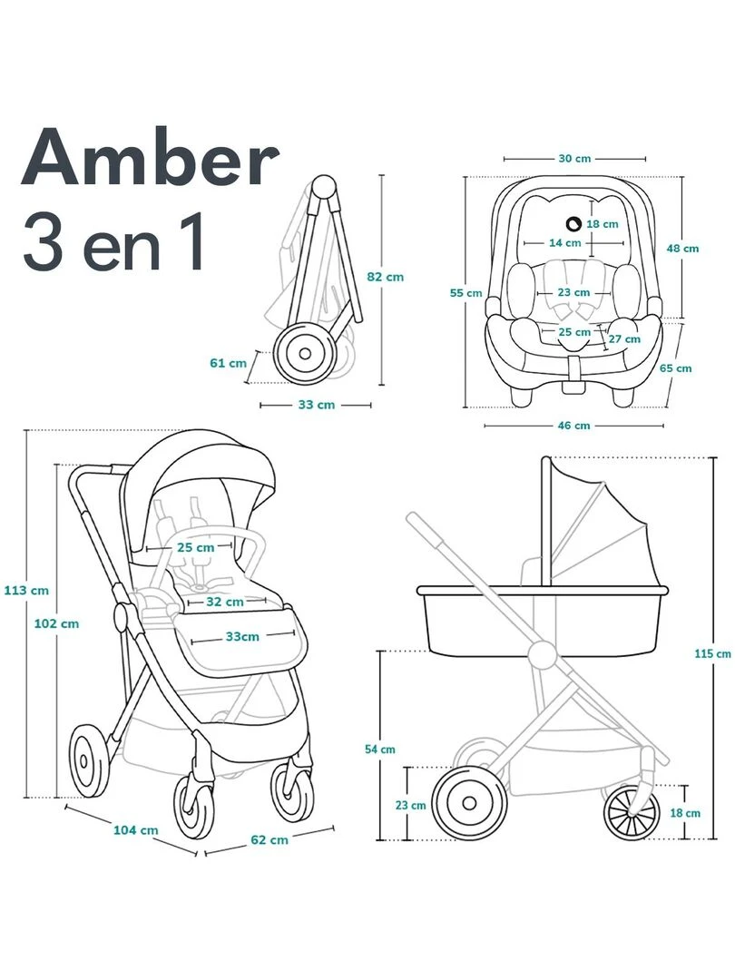 LIONELO Amber   Poussette bébé 3en1   Jusqu'à 22Kg   Nacelle  Cosy Siège auto  Accessoires   iSize   Bleu Noir