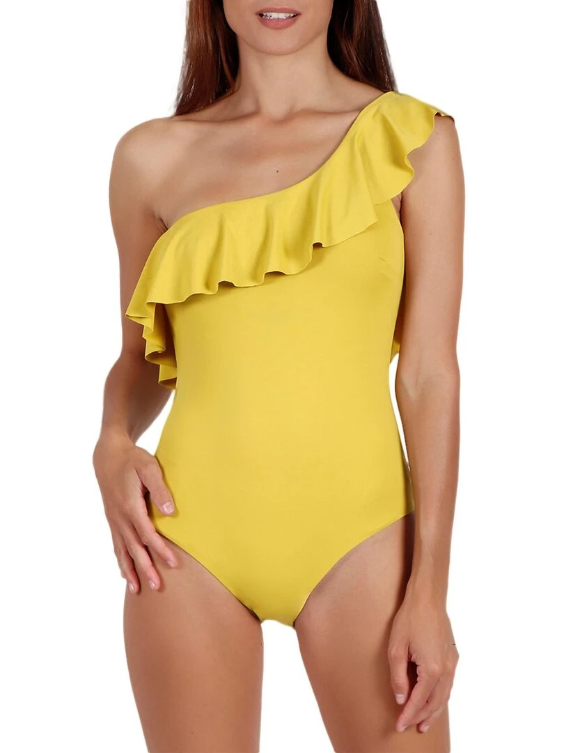 Maillot de bain 1 pièce latéral à volants jaune Jaune