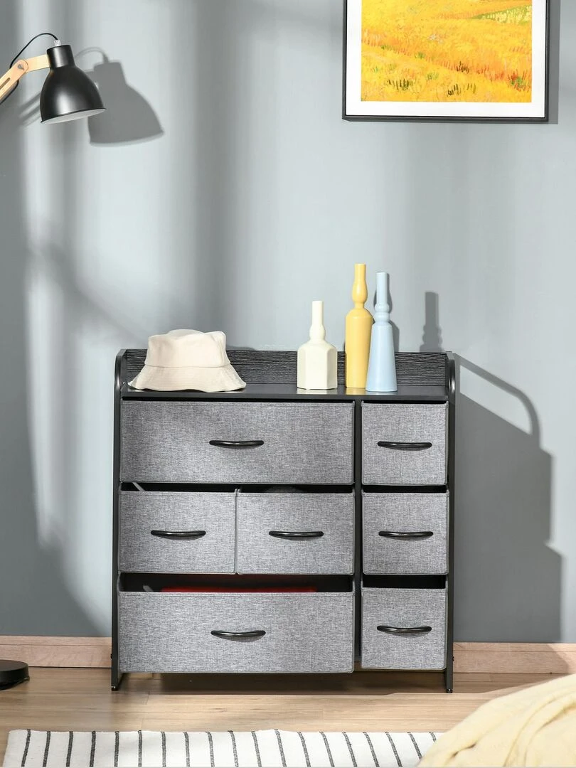 Rangement commode 7 tiroirs plateau acier MDF noir non tissé gris   Gris