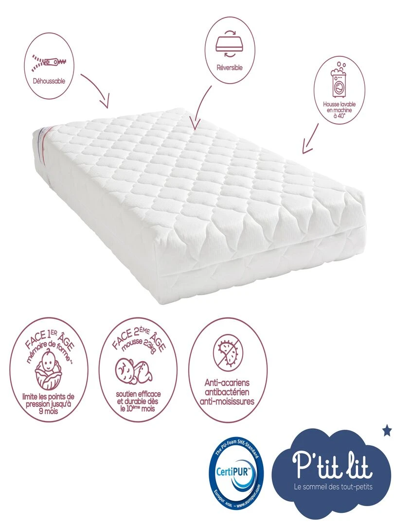 P'tit Lit   Matelas Bébé/Enfant Croissance   70x140 cm   Déhoussable   Blanc