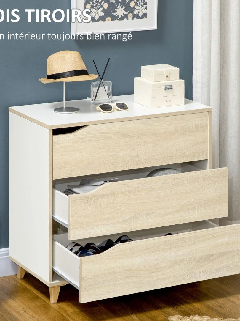 Commode design scandinave 3 tiroirs blanc aspect bois clair   Beige