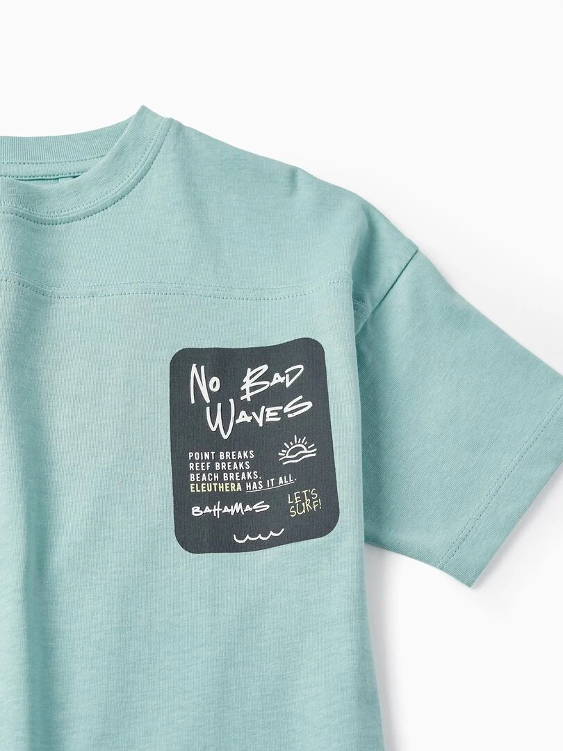T shirt en coton pour garçon 'No Bad Waves' manches courtes   Bleu