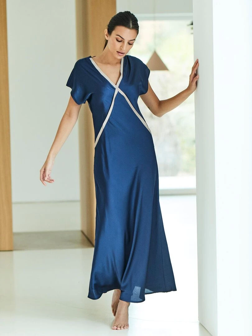 Chemise de nuit longue manches courtes Satin   Bleu marine