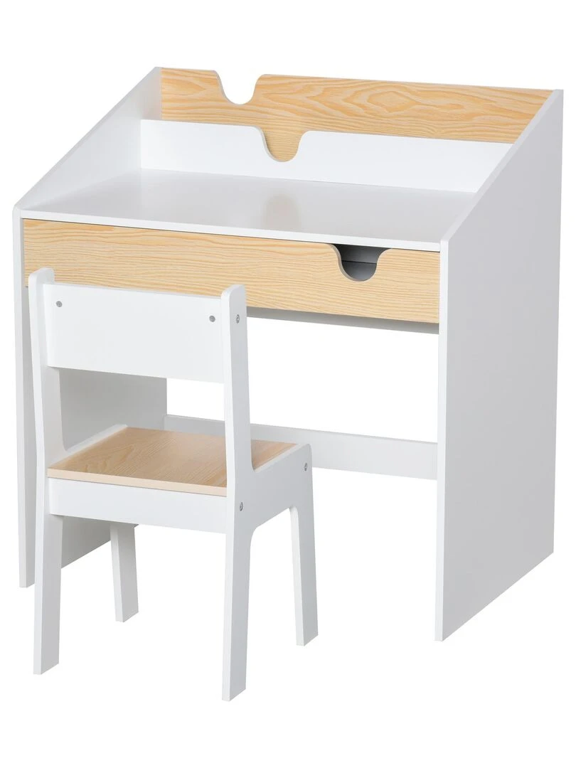 Bureau enfant et tabouret style scandinave blanc aspect bois de pin Blanc