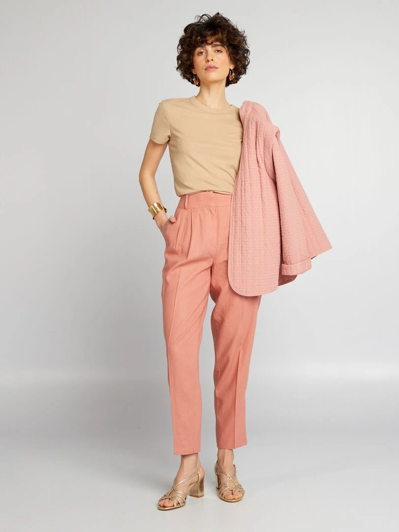 Pantalon cigarette en lin Vieux rose