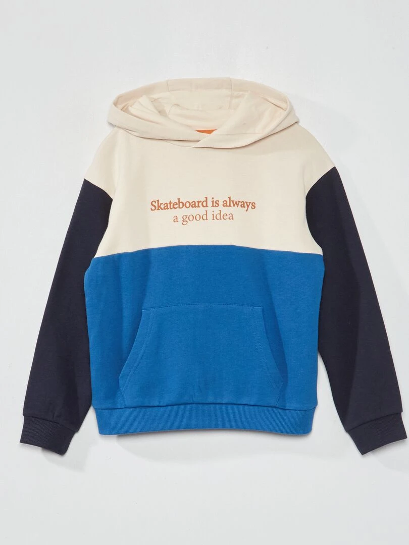 Sweat à capuche colorblock et message fantaisie Beige/bleu