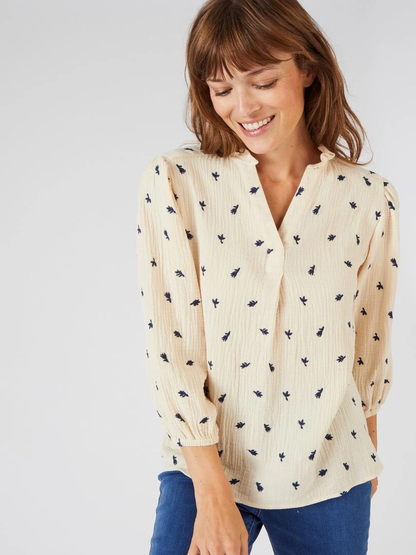 Blouse gaze de coton brodée   Damart   Ivoire