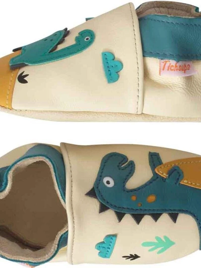 Chaussons bébé cuir souple Théodore et Isaure les dinosaures Beige