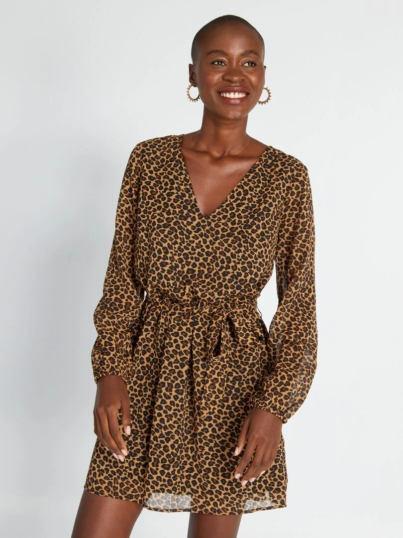 Robe à motif avec ceinture à nouer Beige