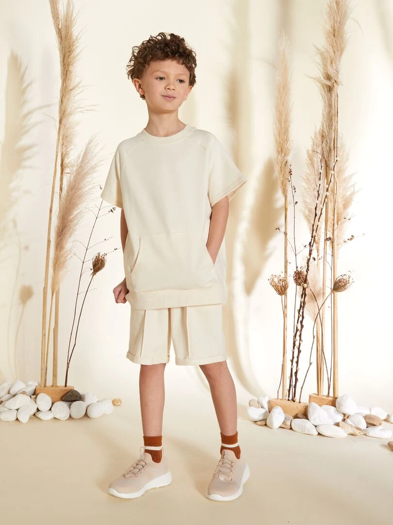 Tee shirt épais en coton avec poche kangourou Ecru