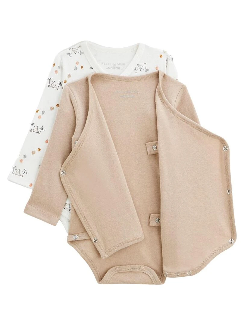 Lot de 2 bodies bébé manches longues ouverture croisée Noisette   Ecru