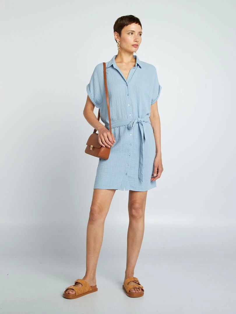 Robe courte forme chemise en double gaze de coton Bleu