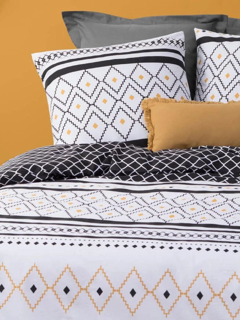 Parure de lit en percale de coton et motifs graphiques Blanc