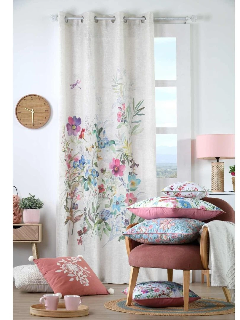 Rideau fleuri       Effet lin   Blanc