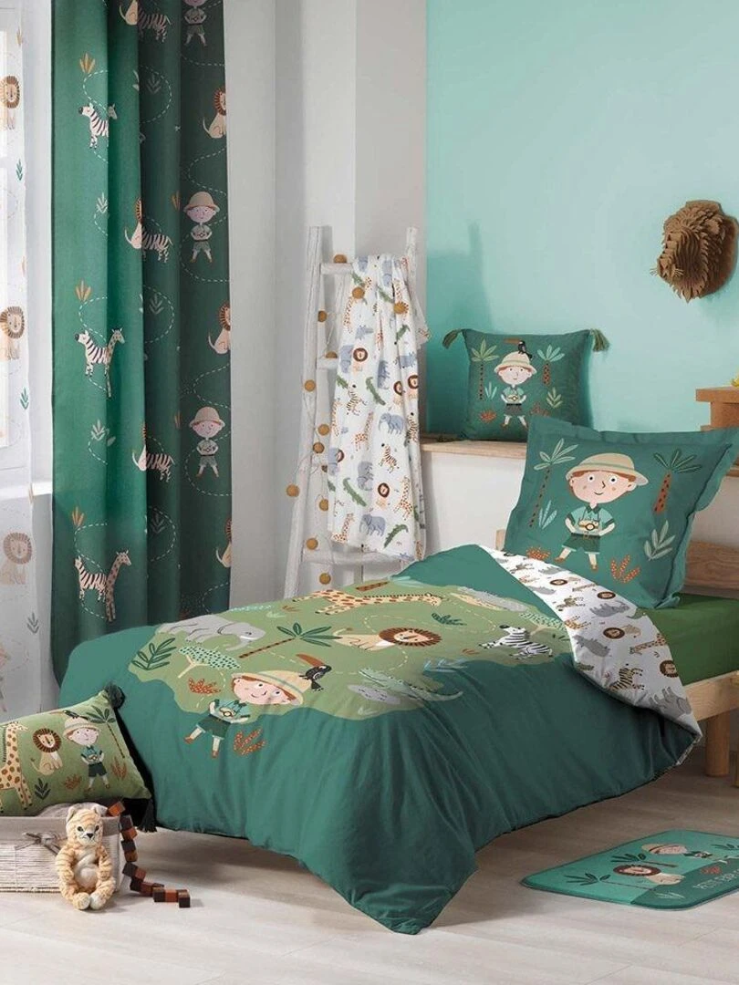 Housse de couette 140x200 + taie Léo l'explorateur coton   Vert
