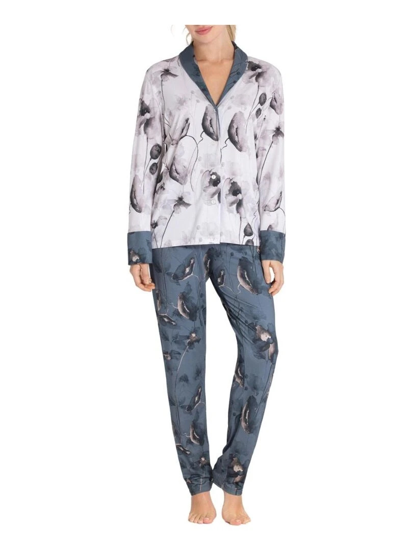 Pyjama long style chemise à motif floraux Ayaka Bleu