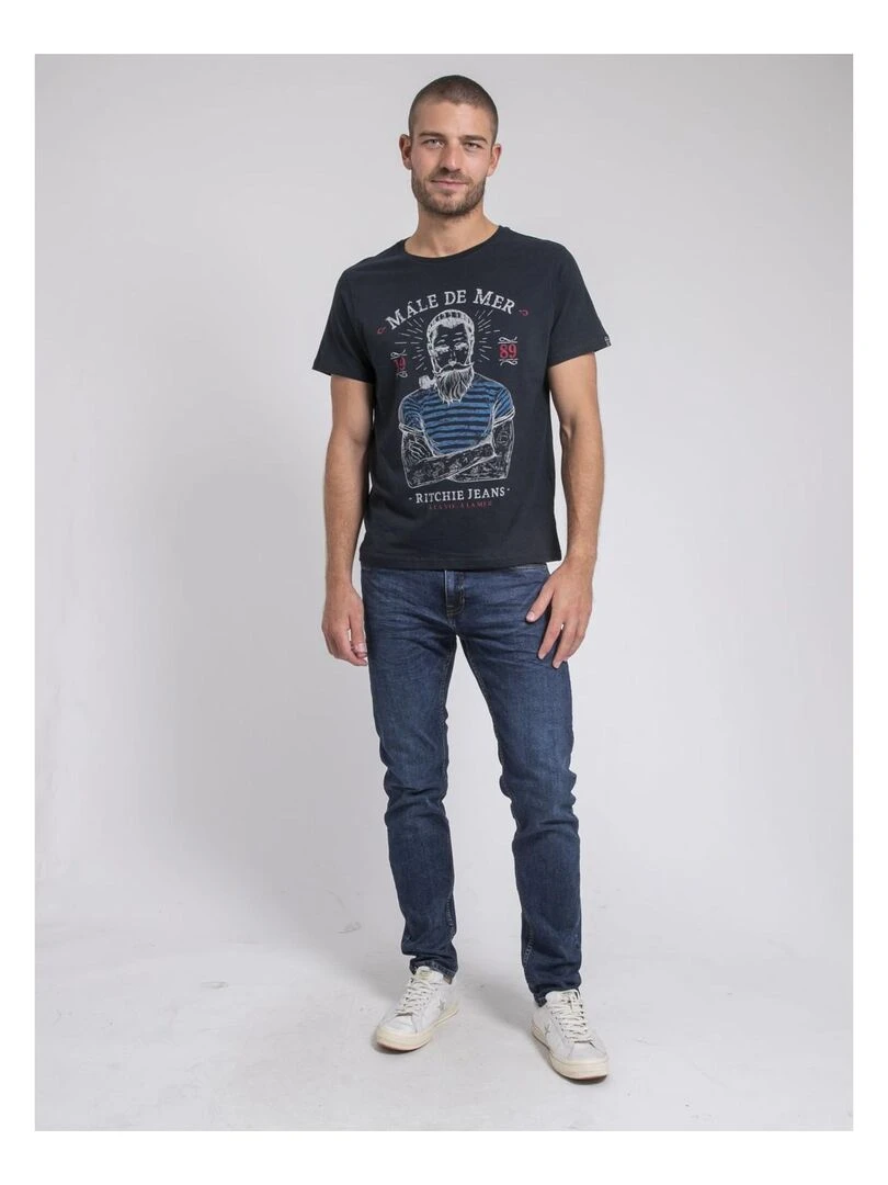 T shirt col rond pur coton JAMEKONG   Bleu marine