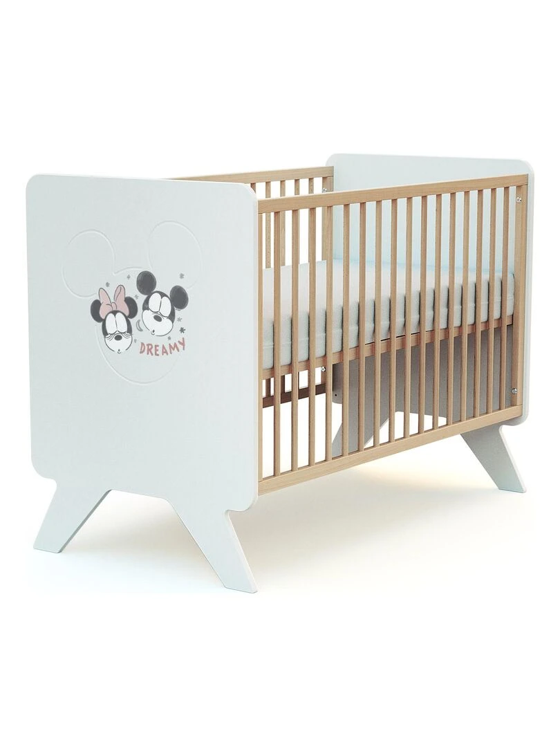 AT4 Lit bébé Disney Happy Days Mickey en bois Blanc et Hêtre 60 x 120 cm Marron clair
