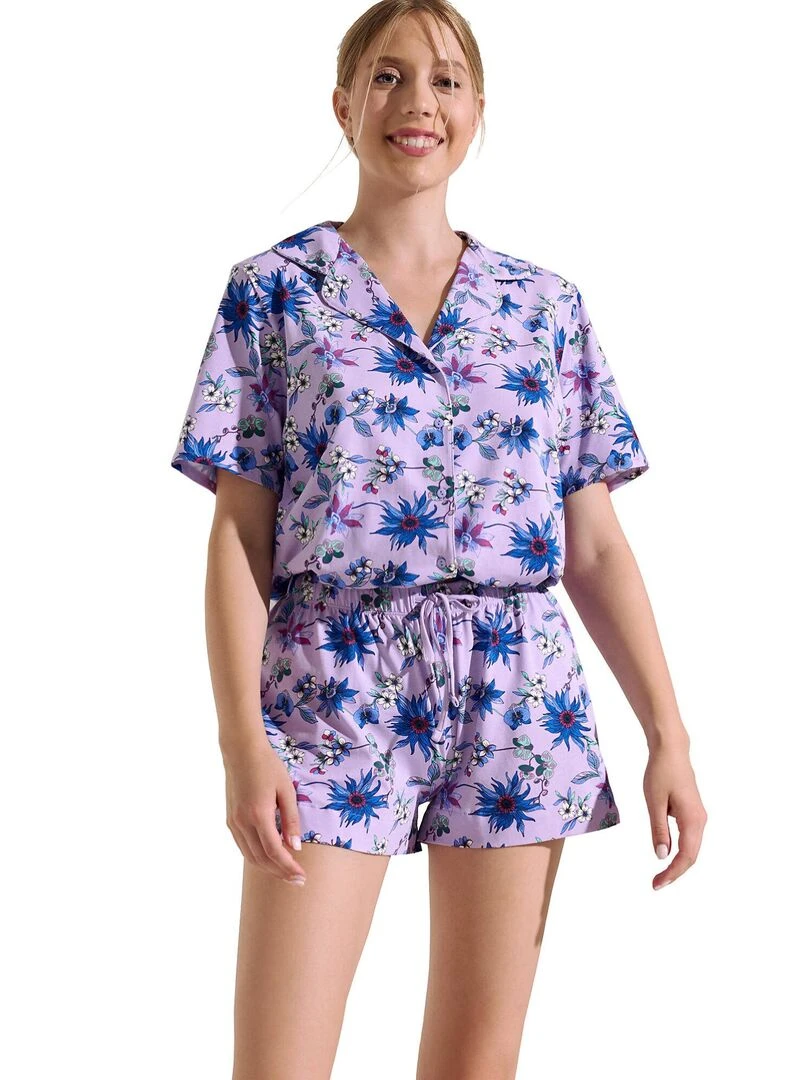 Pyjama short chemise manches courtes Flowers Violet