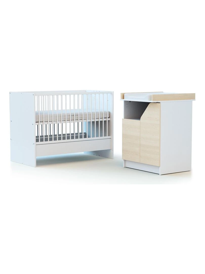 AT4   Combiné lit bébé évolutif en bois avec matelas CARNAVAL Blanc et Bouleau 60 x 120 cm   Blanc Beige